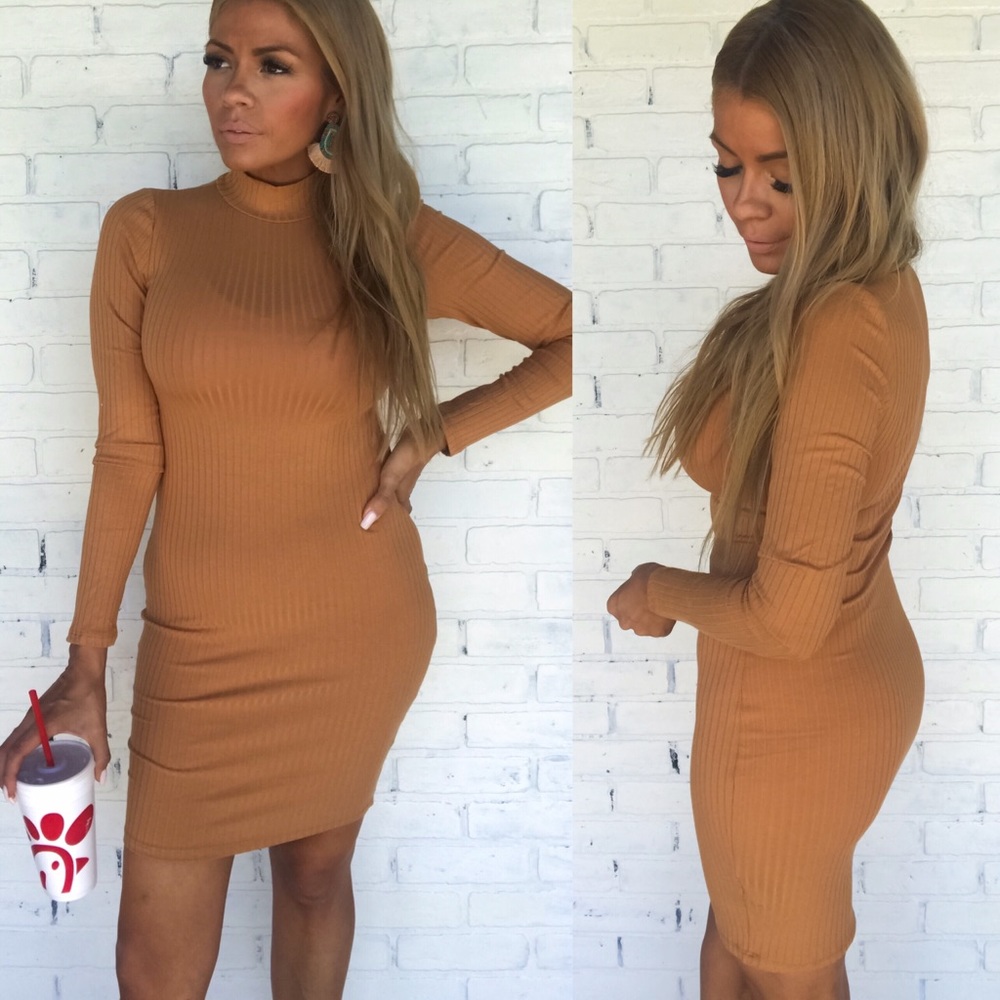 NEW mustard yellow mock neck ribbed dress stretchy